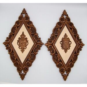 Vintage Syroco Diamond Wall Art Set Faux‎ Wood Crest Shield Wall Plaques